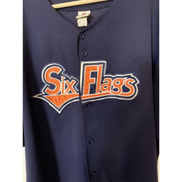 Vtg Six Flags Baseball Jersey Sz 2XL Blue Orange Men’s Jersey‎ embroidered - Picture 1 of 5